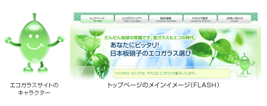 画像：エコガラスサイトのキャラクターと、トップページのメインイメージ